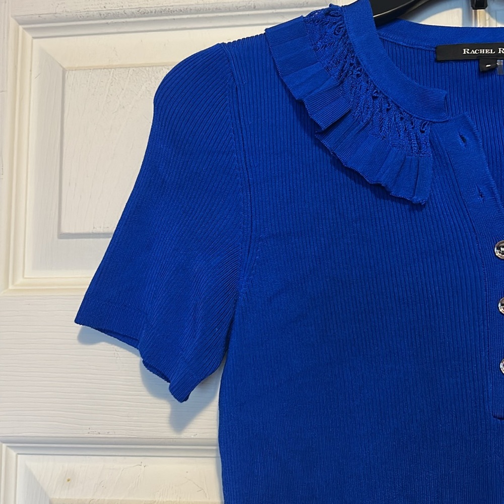 Rachel Roy Blue Ruffle Neck Top Size Small - Picture 3 of 7